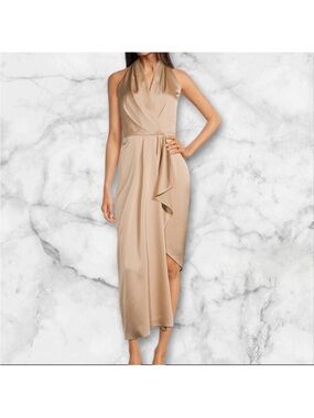 Alex Marie Champagne Halter Asymmetric Ruffle Midi Dress